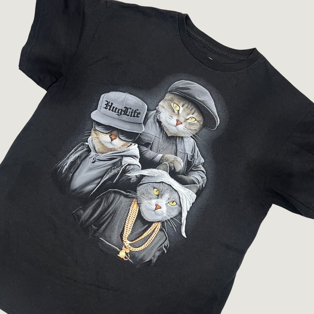 Mens L Hug Life Hip Hop Cats Graphic T-Shirt Black Short Sleeve Streetwear Tee